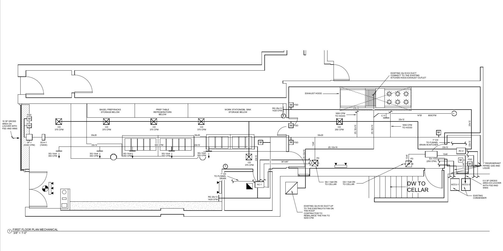 First floor mechanical plan: exhaust hood, ductwork, and equ